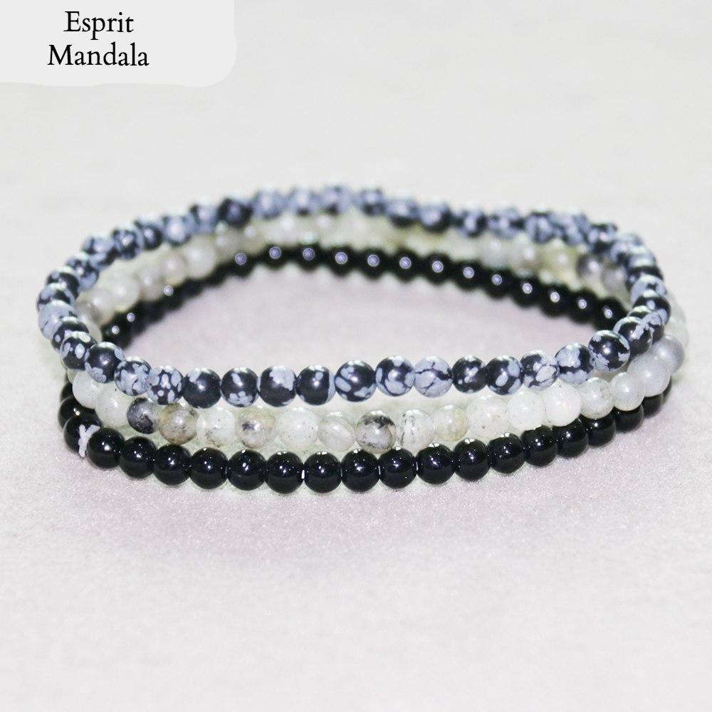 Trio Bracelets PROTECTION (Obsidienne flocon de neige, Labradorite & Onyx noir) - Esprit Mandala